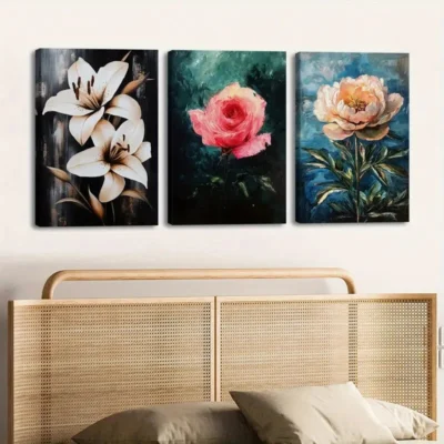 3pcs Florals Lily Rose Black Green & Blue Leaves Wall Art Set Canvas Framed 40x60cm - High Quality Print 100% Australian Made Wall Canvas Ready to Hang