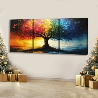 3pcs Oil Painted Tree Modern Sky Blue & Gold Red Wall Art Set Canvas Framed 40x60cm - High Quality Print 100% Australian Made Wall Canvas Ready to Hang