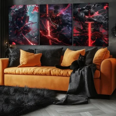 3pcs Anime Comic Vivid Color Samurai Thunder Red Wall Art Set Canvas Framed 40x60cm - High Quality Print 100% Australian Made Wall Canvas Ready to Hang
