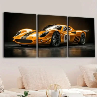 3pcs Abstract Yellow Sport Car Black Gold White Wall Art Set Canvas Framed 40x60cm - High Quality Print 100% Australian Made Wall Canvas Ready to Hang