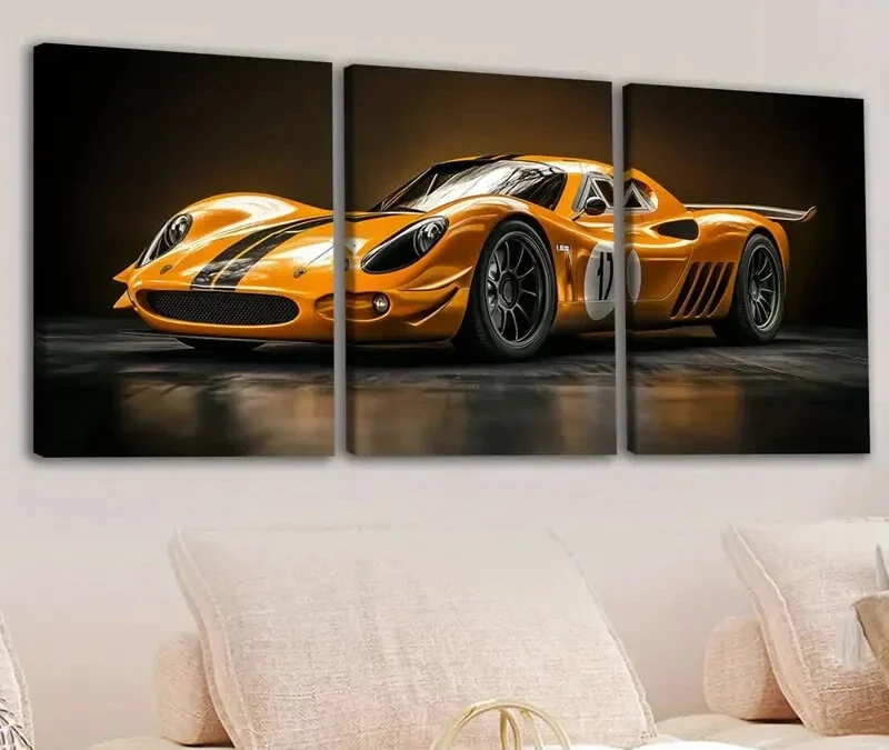 3pcs Abstract Yellow Sport Car Black Gold White Wall Art Set Canvas Framed 40x60cm – High Quality Print 100% Australian Made Wall Canvas Ready to Hang