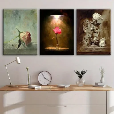 3pcs Vintage Oil Painting Style Rose Leopard Lion Wall Art Set Canvas Framed 40x60cm - High Quality Print 100% Australian Made Wall Canvas Ready to Hang