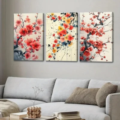 3pcs Vibrant Floral Red & Yellow Blue White Tree Wall Art Set Canvas Framed 40x60cm - High Quality Print 100% Australian Made Wall Canvas Ready to Hang