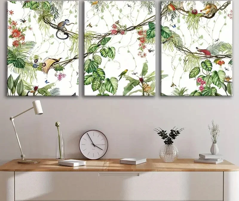 3pcs Tropical Forest Wildlife Monkey Green Leaf Wall Art Set Canvas Framed 40x60cm – High Quality Print 100% Australian Made Wall Canvas Ready to Hang