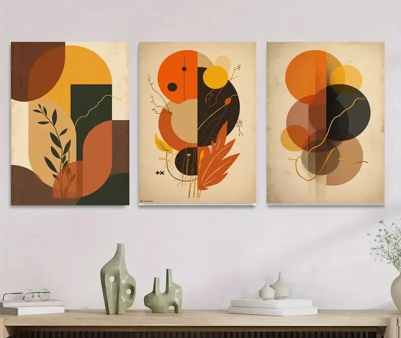 3pcs Retro Abstract Geometric & Floral Designs Wall Art Set Canvas Framed 40x60cm – High Quality Print 100% Australian Made Wall Canvas Ready to Hang