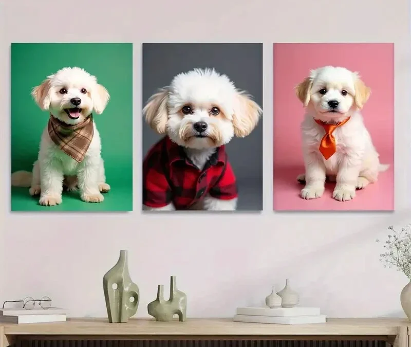 3pcs Chic & Stylish Dog Green, Gray, Pink Wall Art Set Canvas Framed 40x60cm – High Quality Print 100% Australian Made Wall Canvas Ready to Hang
