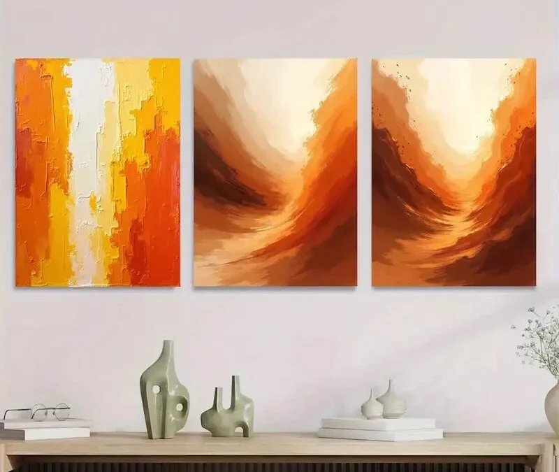 3pcs Orange and White Vibrant Brushstroke Wall Art Set Canvas Framed 40x60cm – High Quality Print 100% Australian Made Wall Canvas Ready to Hang
