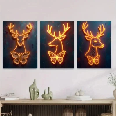 3pcs Elegant And Unique Neon Deer And Butterfly Wall Art Set Canvas Framed 40x60cm - High Quality Print 100% Australian Made Wall Canvas Ready to Hang