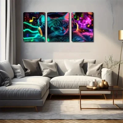 3pcs  Neon Light Abstract Cat Listening to Music  Wall Art Set Canvas Framed 50x70cm - High Quality Print 100% Australian Made Wall Canvas Ready to Hang