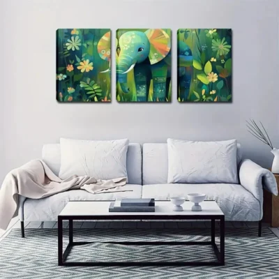 3pcs Elephant Walking in Rainforest Tropical Wall Art Set Canvas Framed 50x70cm - High Quality Print 100% Australian Made Wall Canvas Ready to Hang