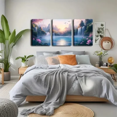 3pcs Serene Waterfall & Mountain Landscape  Wall Art Set Canvas Framed 50x70cm - High Quality Print 100% Australian Made Wall Canvas Ready to Hang