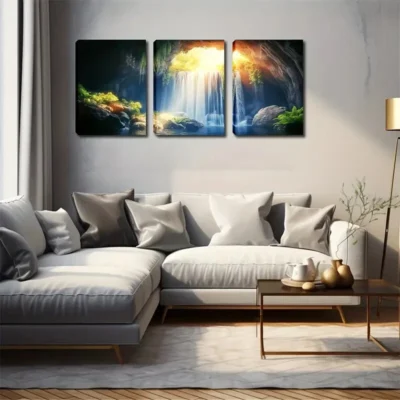 3pcs Waterfall & Cave Landscape Wall Art Set Canvas Framed 50x70cm - High Quality Print 100% Australian Made Wall Canvas Ready to Hang