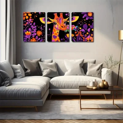 3pcs Flowers Giraffe Colorful Style Wall Art Set Canvas Framed 50x70cm - High Quality Print 100% Australian Made Wall Canvas Ready to Hang