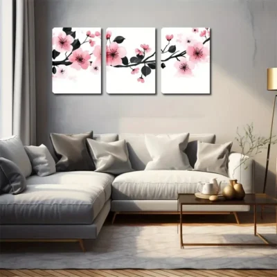 3pcs Pink Flowers Black Stamens Modern Wall Art Set Canvas Framed 40x60cm - High Quality Print 100% Australian Made Wall Canvas Ready to Hang