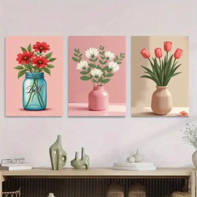 3pcs Realistic Flower Vase Blue, Pink, And Beige Wall Art Set Canvas Framed 40x60cm - High Quality Print 100% Australian Made Wall Canvas Ready to Hang