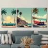 3pcs Vintage Beach Scene Tropical Sunset Cars Wall Art Set Canvas Framed 40x60cm - High Quality Print 100% Australian Made Wall Canvas Ready to Hang - Image 2