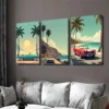 3pcs Vintage Beach Scene Tropical Sunset Cars Wall Art Set Canvas Framed 40x60cm - High Quality Print 100% Australian Made Wall Canvas Ready to Hang - Image 3