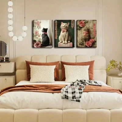 3pcs Cute Cat with Ribbon And Flowers Wall Art Set Canvas Framed 40x60cm - High Quality Print 100% Australian Made Wall Canvas Ready to Hang
