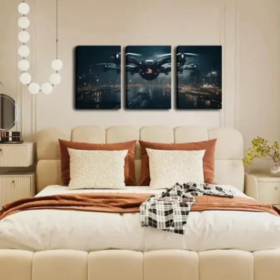 3pcs Big Drone at Night Wall Art Set Canvas Framed 40x60cm - High Quality Print 100% Australian Made Wall Canvas Ready to Hang