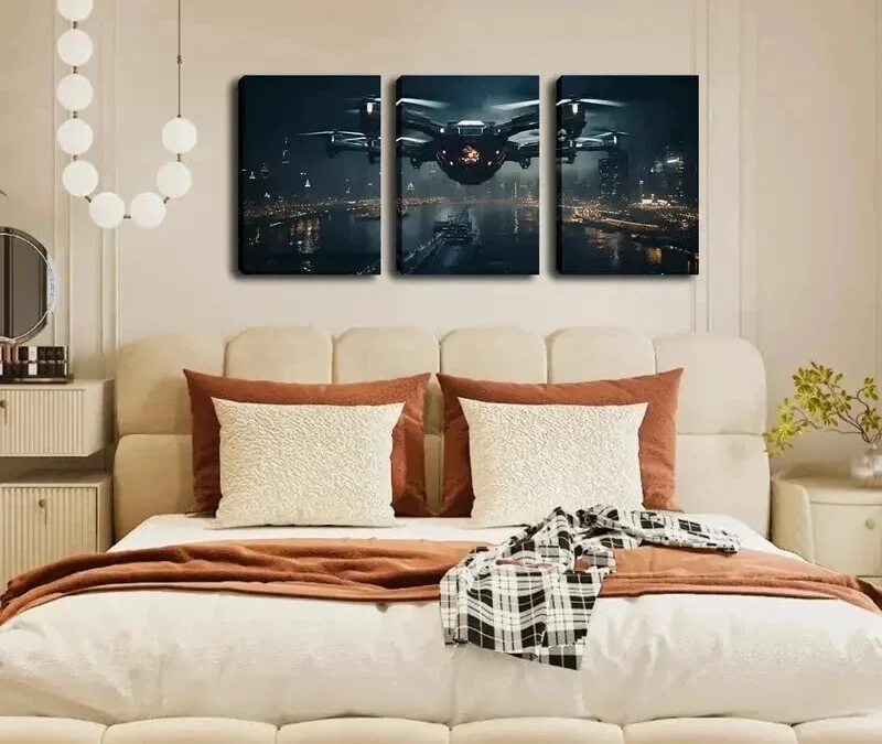 3pcs Big Drone at Night Wall Art Set Canvas Framed 40x60cm – High Quality Print 100% Australian Made Wall Canvas Ready to Hang