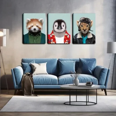 3pcs Animals in Human Attire Wall Art Set Canvas Framed 40x60cm - High Quality Print 100% Australian Made Wall Canvas Ready to Hang