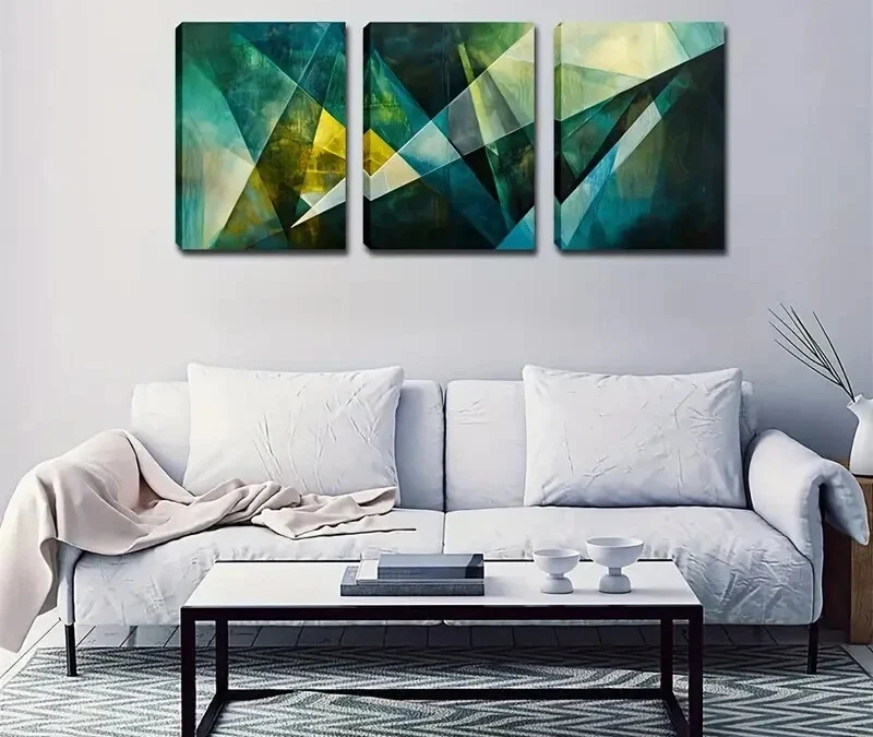 3pcs Crystal Design in Green & Yellow  Wall Art Set Canvas Framed 40x60cm – High Quality Print 100% Australian Made Wall Canvas Ready to Hang