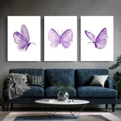 3pcs Butterfly Wall Art Set- Vibrant Purple Canvas Framed 50x70cm- High Quality Print 100% Australian Made Wall Canvas Ready to Hang