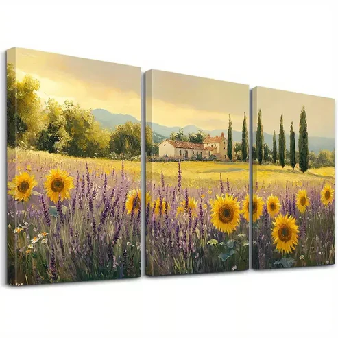 3pcs Purple Lavender Sunflower Farmhouse Rustic Wall Art Set Canvas Framed 50x70cm – High Quality Print 100% Australian Made Wall Canvas Ready to Hang