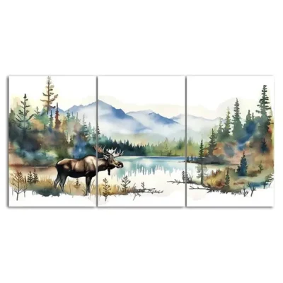Water Color Moose Lake 3 Piece Canvas Framed 40x60cm - High Quality Print 100% Australian Made Wall Canvas Ready to Hang