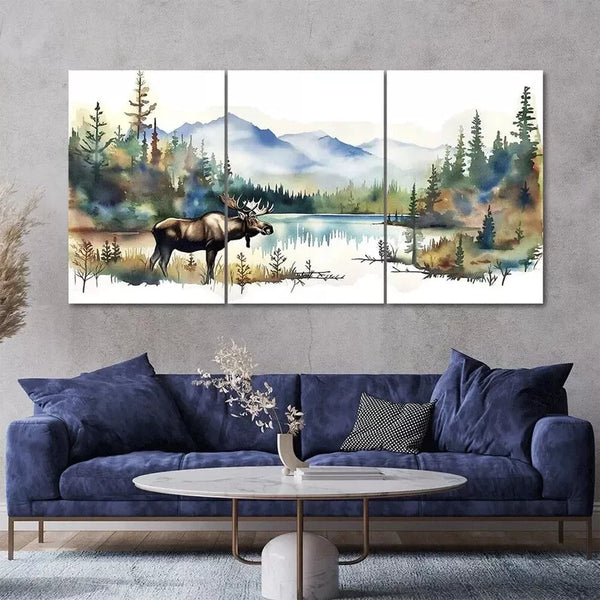 Water Color Moose Lake 3 Piece Canvas Framed 50x70cm- High Quality Print 100% Australian Made Wall Canvas Ready to Hang