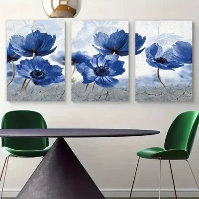 3pcs Blue Flowers Posters Abstract Flower Canvas Framed 50x70cm- High Quality Print 100% Australian Made Wall Canvas Ready to Hang