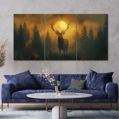 Mysterious Red Deer Stag Standing in a Foggy Forest 3 Pcs Canvas Framed 50x70cm- High Quality Print 100% Australian Made Wall Canvas Ready to Hang