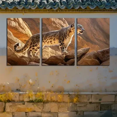 3pcs Leopard on Rocky Cliff Wildlife Wall Art Set Canvas Framed 50x70cm - High Quality Print 100% Australian Made Wall Canvas Ready to Hang