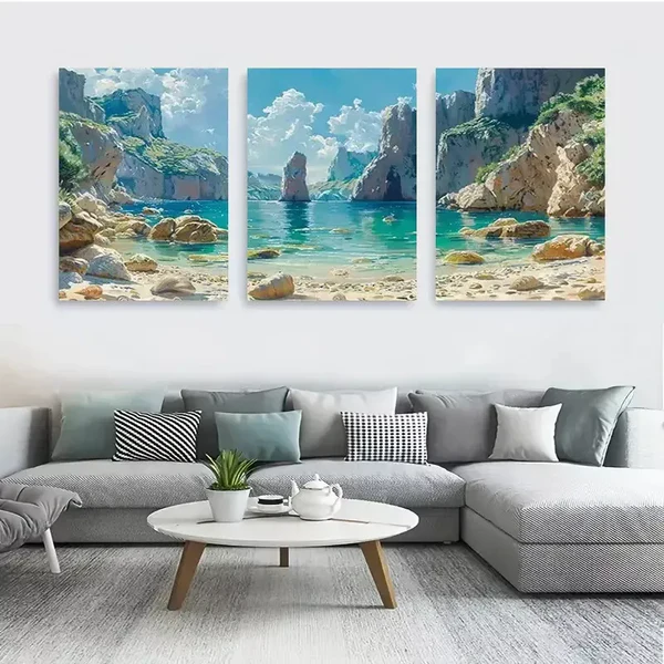 3pcs Serene Beach And Cliff Canvas Framed 50x70cm- High Quality Print 100% Australian Made Wall Canvas Ready to Hang