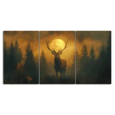 Mysterious Red Deer Stag Standing in a Foggy Forest 3 Pcs Canvas Framed 40x60cm - High Quality Print 100% Australian Made Wall Canvas Ready to Hang