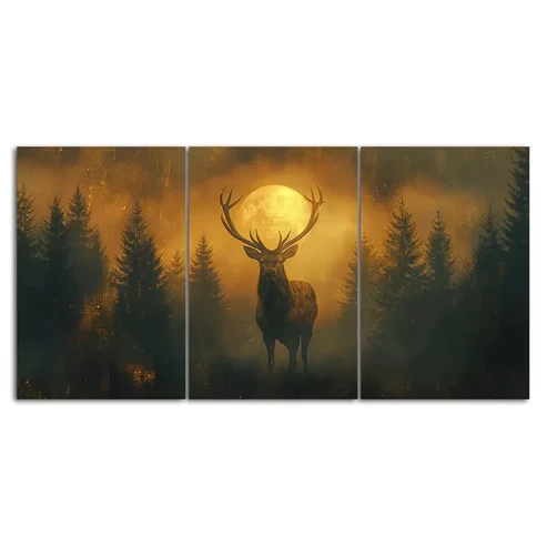 Mysterious Red Deer Stag Standing in a Foggy Forest 3 Pcs Canvas Framed 40x60cm – High Quality Print 100% Australian Made Wall Canvas Ready to Hang