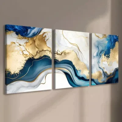 3pcs Abstract Swirls Of Painting In Colors Of Blue & Gold Canvas Framed 40x60cm - High Quality Print 100% Australian Made Wall Canvas Ready to Hang
