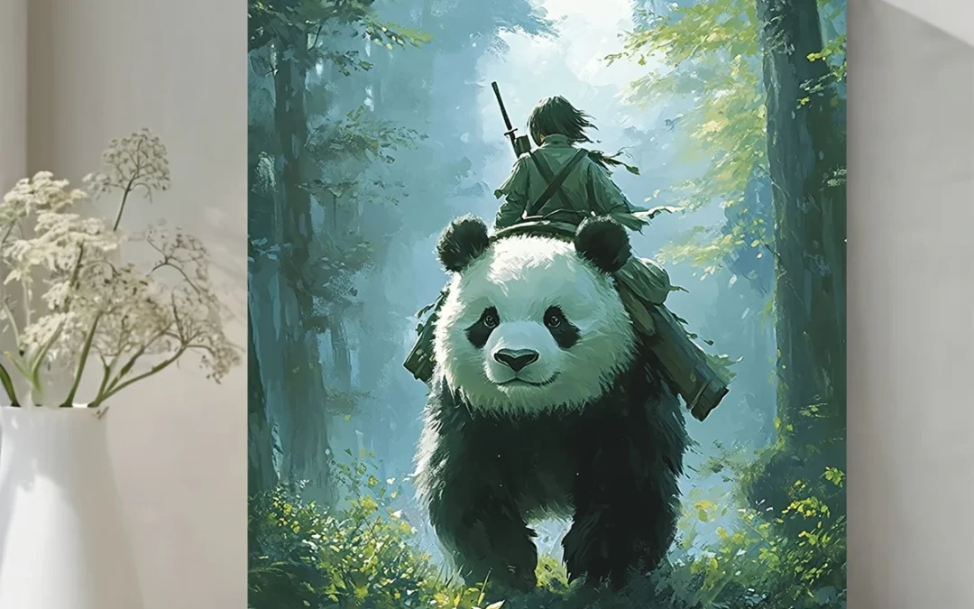 Whimsical Woman Riding Panda Forest Adventure Wall Art Canvas Framed 40×60
