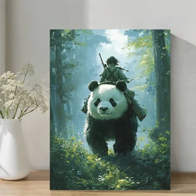 Whimsical Woman Riding Panda Forest Adventure Wall Art Canvas Framed 40x60
