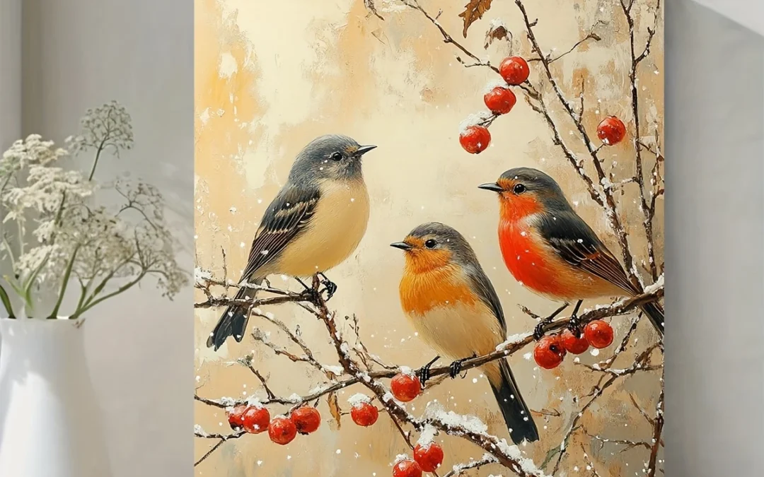Vintage Winter Birds Wall Art Canvas Framed 40×60
