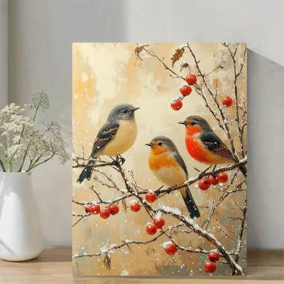 Vintage Winter Birds Wall Art Canvas Framed 40x60