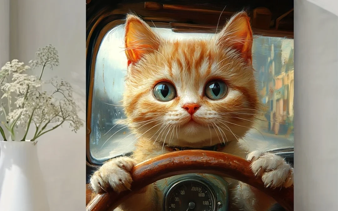 Funny Cat Driving Wall Art Canvas Framed 40×60