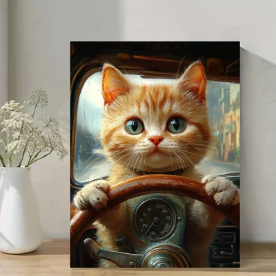 Funny Cat Driving  Wall Art Canvas Framed 40x60
