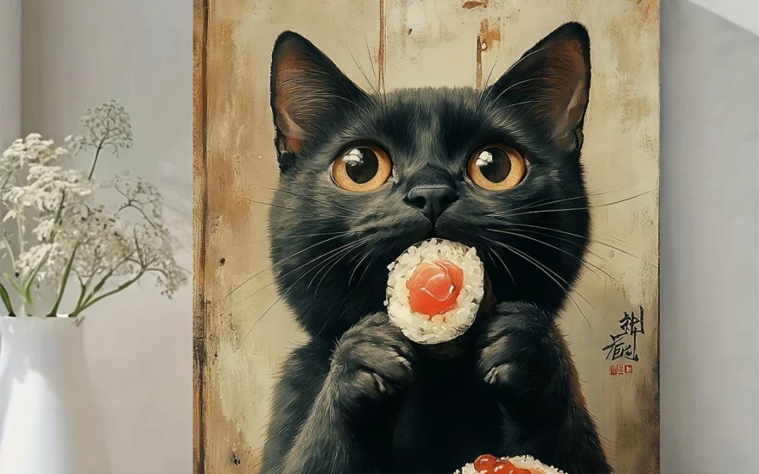 Vintage Japanese Cat Eating Sushi Wall Art Canvas Framed 40×60