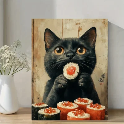Vintage Japanese Cat Eating Sushi Wall Art Canvas Framed 40x60