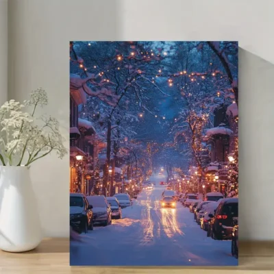 Snowy Winter City Scene Wall Art Canvas Framed 40x60