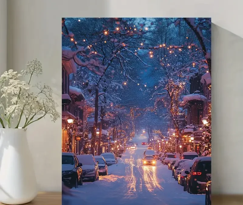 Snowy Winter City Scene Wall Art Canvas Framed 40×60