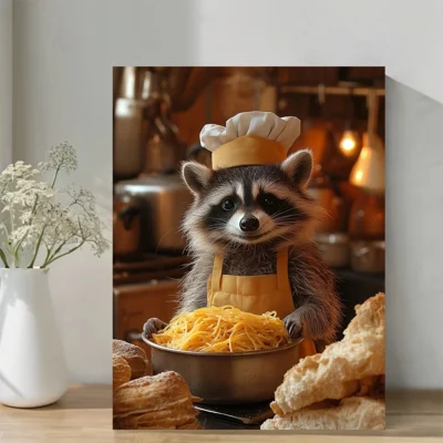 Adorable Raccoon Chef  with Spaghetti  Wall Art Canvas Framed 40x60