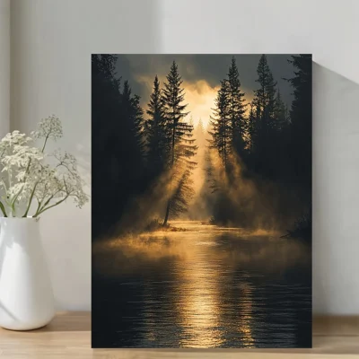 Misty River With Golden Light Nature  Landscape Wall Art Canvas Framed 40x60