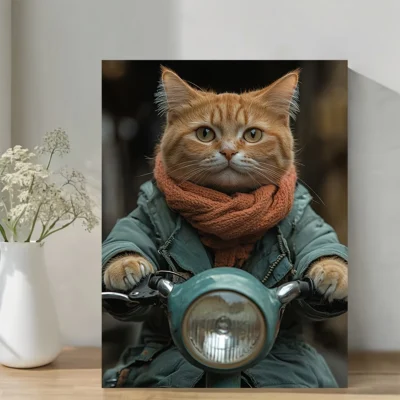 Vintage Japanese Cat Riding Scooter  Wall Art Canvas Framed 40x60